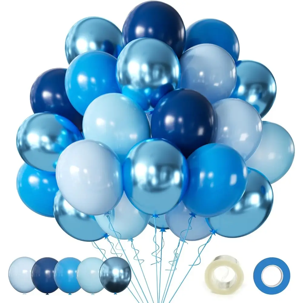 Metallic Blue Balloons, 60 Pcs 12 In Chrome Blue Balloons Kit-Macaron, Baby Pearl, Navy Blue Latex Balloons for Birthday, Wedding, Baby Shower Party Decoration