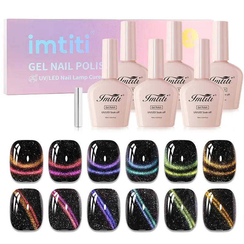 IMTITI Sparkling Diamond Cat Eye Gel Nail Polish 6PC Set 10ML/0.34fl.oz – Long-Lasting Semi-Permanent Gel, Free Magnet, DIY Nail Art & Salon Use, Perfect Gift for Women Manicure Cutics Cosmetic outdoorfun Soak Off Gel Uv Light Gel