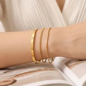 3Pcs Gold-Tone Stainless Steel Unisex C-Shape Adjustable Bangle Bracelet with Chain Suit, Minimalist Adjustable Wrist Jewelry for Men and Women, Daily Accessory Gift Mother’s Day Father’s Day Gift woman fashionable jewelry accessory