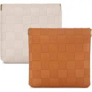 2PCS Small Makeup Bag for Purse, Mini Cosmetic Bag Waterproof Pouch for Women, Checkered Purse Self-closing Coin Lipstick Small Leather Cosmetic Pouch (Brown, Beige)