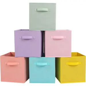Fabric Storage Bins 6 Pack Fun Colored Durable Storage Cubes with Handles Foldable Cube Baskets for Home Kids Room Closet and Toys Organization Cyan Green Yellow Purple Pink and Peachpuff