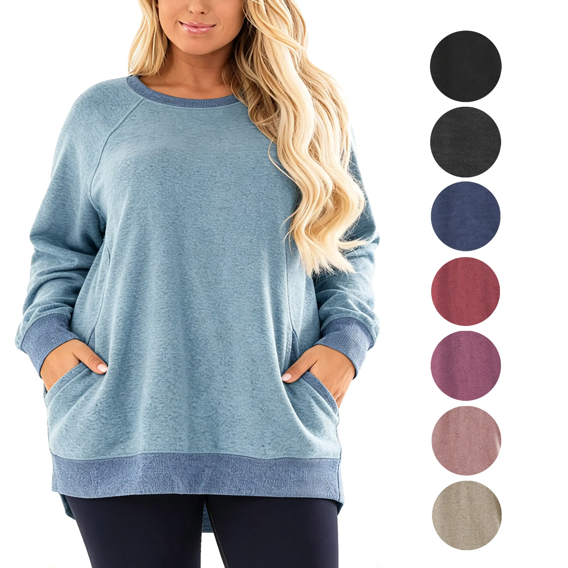 Plus Size Lightweight Long Sleeve Tunic Tops Women Crewneck Comfy Color Block Pullover Shirts Basic Casual Pocket Sweatshirt XL-5XL 14-28W DPS1011 spring