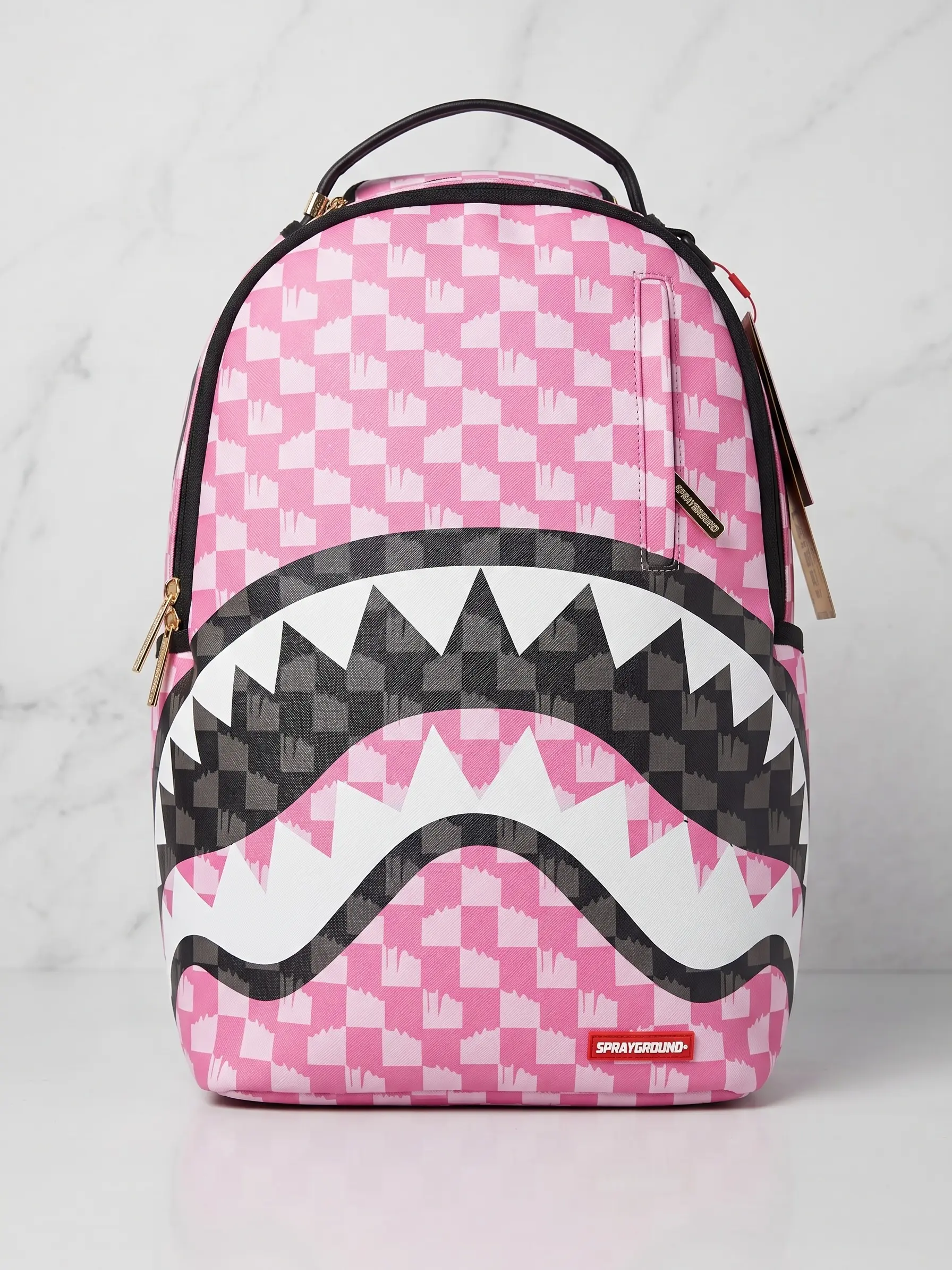 SG Pink White Shark Backpack, Gradient Grid with Black White Classic Shark Mouth and White Serrated Teeth, Streetwear School Travel Laptop Daypack