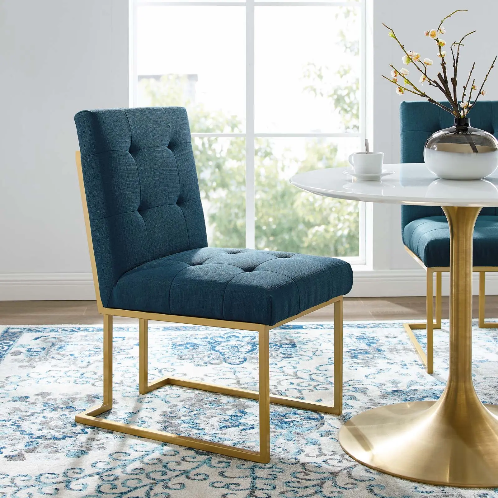 Modway Privy Modern Glam Geometric Dining Accent Chair - Gold Stainless Steel Frame, Soft Upholstered Fabric, Gold Azure Color, Geometric Chair, Glam Dining Chair
