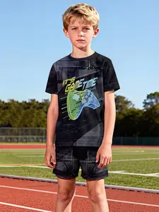 Cool Gaming Boy Dna Game Controller T-Shirt Set, Kids Two-Piece Short Sleeve Shorts, Casual Loose Fit Summer Printed Tee Gift