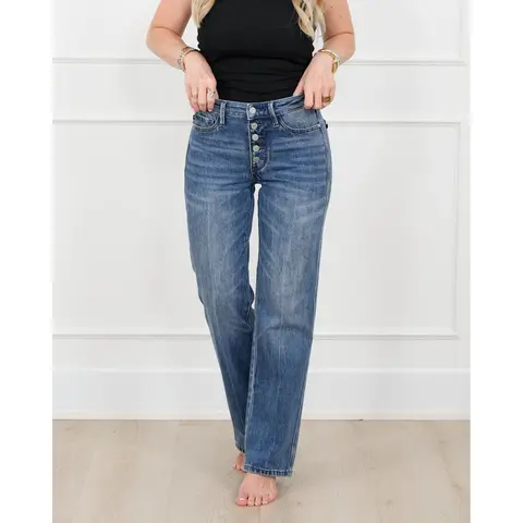 Restock! Judy Blue ALEX'S FAVE Mid Rise Medium Wash Button Fly Rigid Magic Slim Straight Leg Jeans