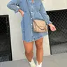 Midiross Washed Denim Puff Sleeve Mini Dress – Short-Length Collared Button Down with Ruffle Hem & Matte Silver Buttons - Casual Women's Fashion Pleats Minimalist Minimalist Womenswear Summer Bottom Piece