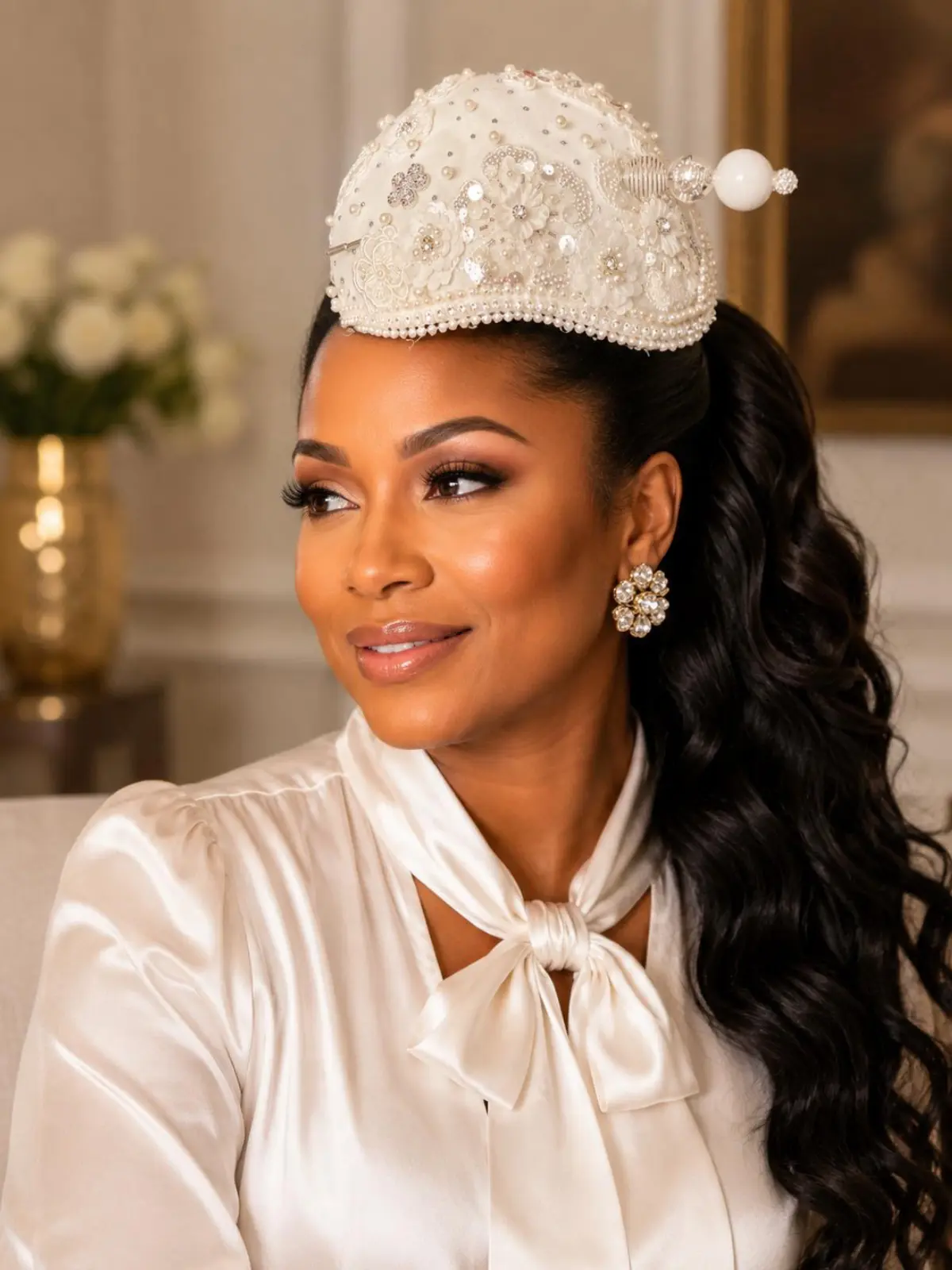 Elegant White Pearl & Crystal Fascinator Hat – Luxury Women’s Church Hat for Weddings, Derby  Special Occasions