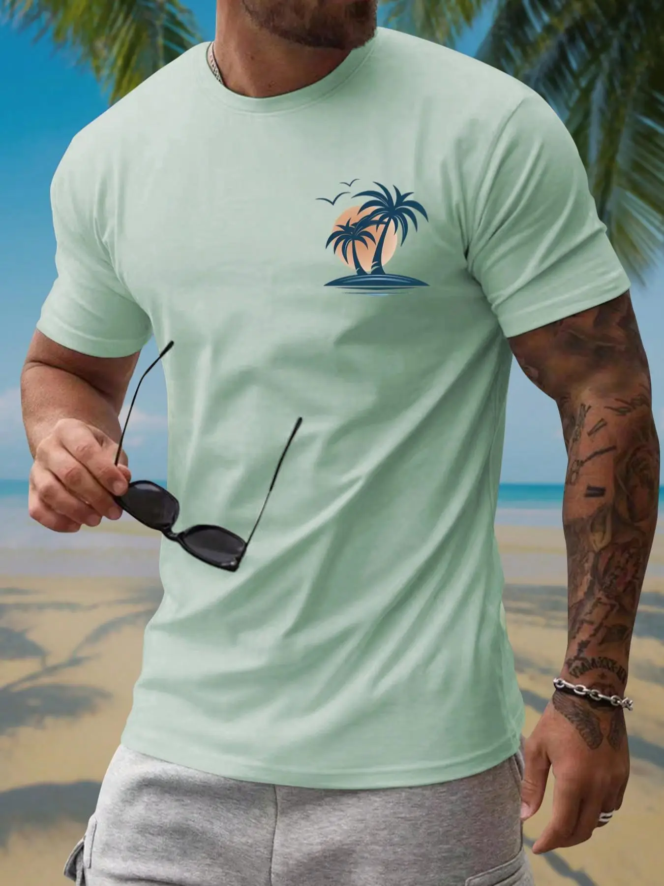 Men's Regular Fit Coconut Tree Print Round Neck Tee, Casual Short Sleeve Crew Neck T-shirt for Summer, Fashion Men's Top for Daily Wear