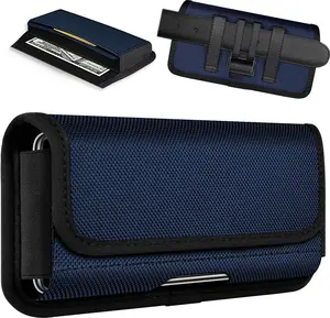 Rugged Nylon Holster Compatible with  16 15 14 13 12 & Pro Models, Galaxy S25, S24, S23, S22 Cell Phone Belt Holder for Men, Blue - L