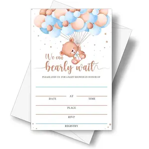 Bear Balloons  Shower Invitation Cards With Envelopes(4" X 6")- Bearly Wait  Shower Invites For Boys & Girls,   Party Decorations Supplies - 25 Sets - D13
