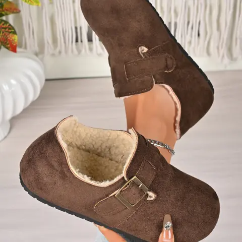 Women's Vintage Style Casual Shoes, One-Piece Round Toe, Thick Sole Anti-Slip, Flannel Fabric, Decorative Buckle, Fall Winter Loafers, Non Slip Flat, Slip On Lightweight