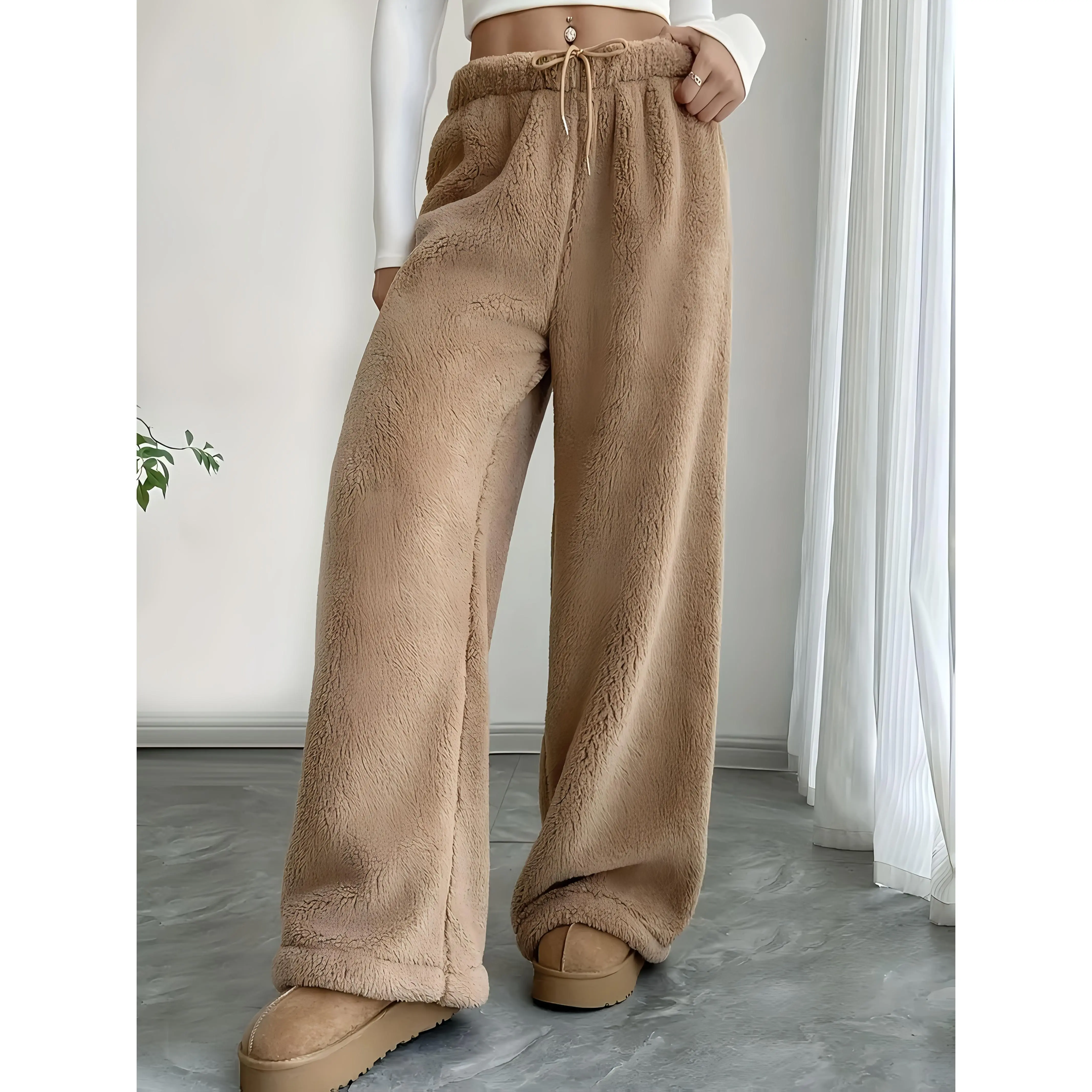 Women's Cozy Faux Fur Pants in Beige, High-Waisted Wide-Leg Lounge Bottom with a Drawstring for Elegant Fall & Winter Casual Wear, Lady