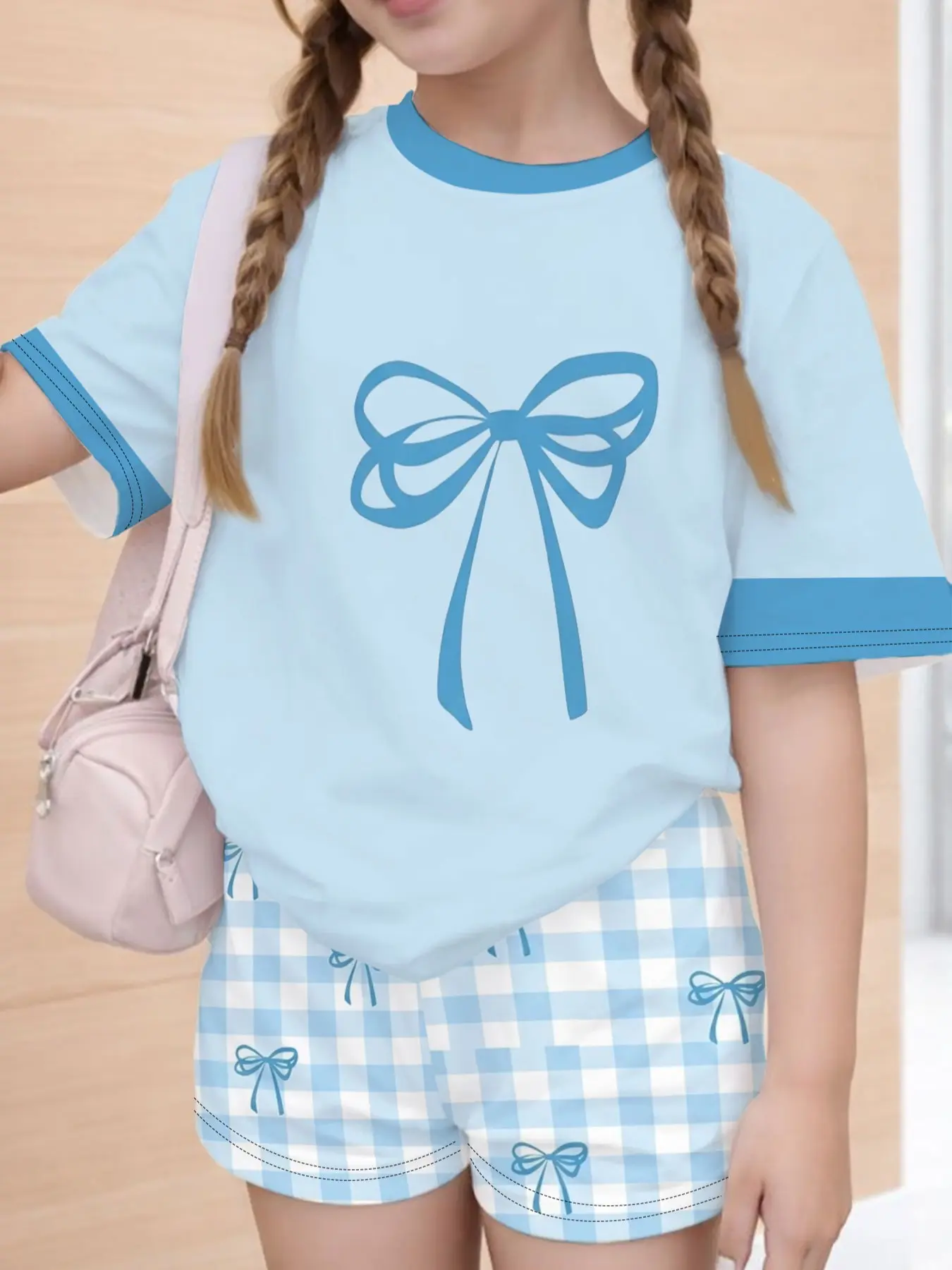 Girls' Sweet Big Bow Plaid Shorts Set, Fashion Short Sleeve Shorts, Summer Choice, Summer Clothing Set, Casual Style, Loose-Fitting, No Zipper, Casual Outfit Set