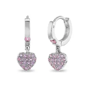 Pave Puffed Heart 8mm Kids / Children's / Girls Earrings Hoop/Huggie Safety Latch - Sterling Silver