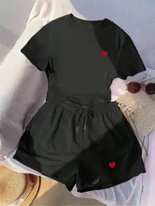Women's Heart Print Casual Short Sleeve Shorts Set, Comfortable Daily Wear, Fashion Women's Clothing, All Seasons