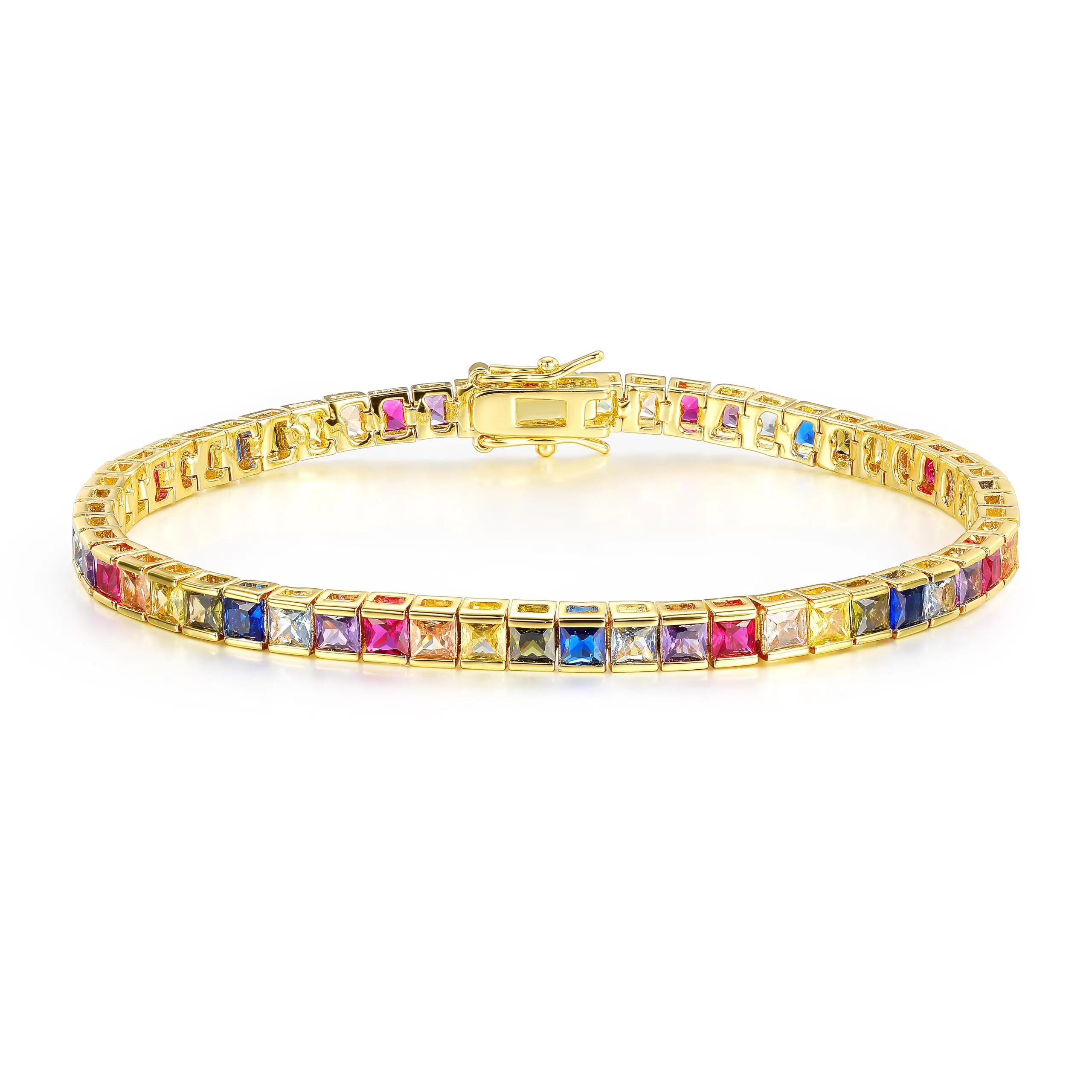 MDFUN Rainbow Square Tennis Bracelet for Women  3mm Colorful Cubic Zirconia  18K Golden Plated Thin Stackable Bracelet ATS60011Q