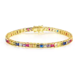 MDFUN Rainbow Square Tennis Bracelet for Women  3mm Colorful Cubic Zirconia  18K Golden Plated Thin Stackable Bracelet ATS60011Q