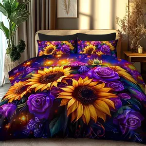 3pcs Bedding Set Sunflower Design, Soft Polyester Flannel Printed Duvet Cover Set, Includes 1 Fitted Sheet & 2 Pillowcases