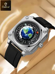 BINBOND S700Brand Watch For Men Rotating Earth Dial New Concept Blue Planet Non Mechanical Pointer Silicone strap Men's Sporty Waterproof Quartz Watch, Fashionable Watches, Sports arthquake prevention, Daily Clothing Decor, Trendy All-match & with Box