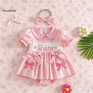 Baby Girl 2 Piece Set Summer Outfit Plaid Bow Embroidered Short Sleeve Doll Collar Romper Dress And Headband Display Baby Shower