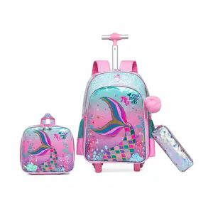3-Piece Girls Rolling Backpack Set | Sparkly Mermaid Tail Wheeled School Bag with Lunch Box and Pencil Case | Waterproof Cute Glitter Bookbag for Little Girls