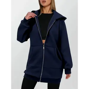 molly mae leather jacket Women's Navy Plus Size Hooded Zipper Jacket - Long Winter Jacket, H-Shaped Design, Front Pocket, Machine Washable Casual Clothing (Dry Cleaning)