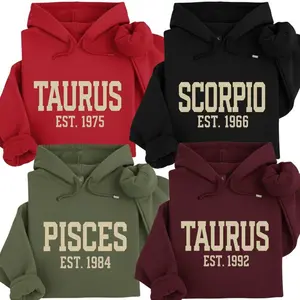 (Leave A Note or DM to Shop) Full 12 Zodiac Minimalist Hoodie - Astrology Sign “EST” Year Graphic Sweatshirt, Modern Horoscope Unisex Pullover for Men and Women, Trendy Birthday Gift for Zodiac Lovers - HARSIN