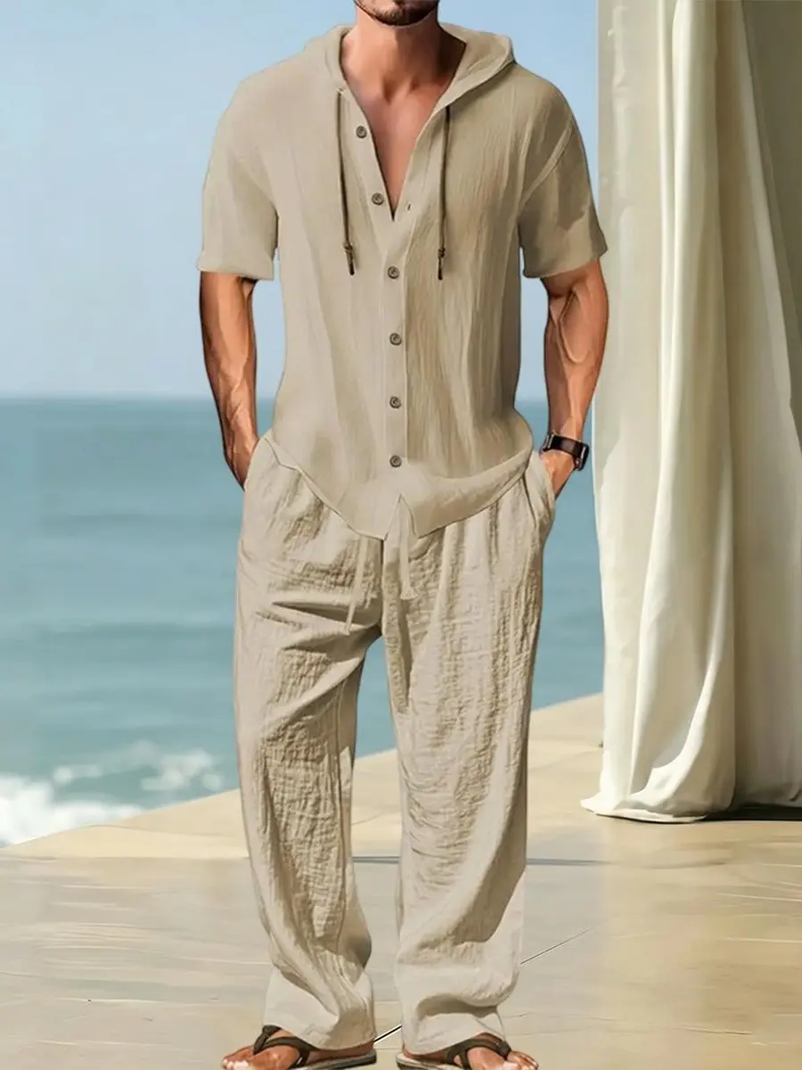 Men's 2-Piece Breathable Linen Blend Casual Set - Short Sleeve Hooded Top, Wide-Leg Drawstring Below-Ankle Pants, Normal Type, Lightweight, Plain, Chic, Machine Washable Summer Menswear