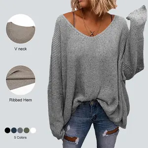 Imily Bela Womens V Neck Oversized Sweater Long Sleeve Knit Pullover Loose Fit Winter Casual Minimalist Drop Shoulder Plain Knitwear