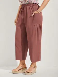 BLOOMCHIC Stretchy Pockets Waist-Tie Straight Pants Rust Fitted Casual Resort Bottoms with Drawstring & Slanted Pockets for Women High Waist Summer Basic Minimalist thick thigh pants 2026 Spring Break Gift For Easter's Day Mother's Day