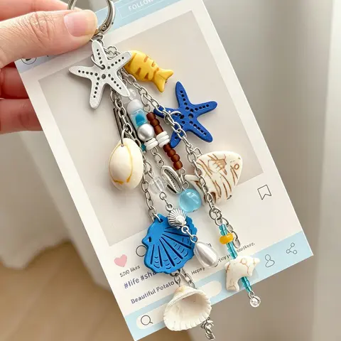 Multi-Element Ocean-Style Bag Charm, Trendy Cute Bag Charms, 3d Starfish, Seashell Designs Vacation-Style Accessories Retro, Handcrafted Feel Wear-Resistant And Fade-Resistant For Bags, Keys, And Earphone Cases
