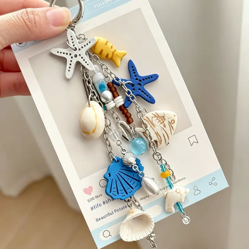 Multi-Element Ocean-Style Bag Charm, Trendy Cute Bag Charms, 3d Starfish, Seashell Designs Vacation-Style Accessories Retro, Handcrafted Feel Wear-Resistant And Fade-Resistant For Bags, Keys, And Earphone Cases