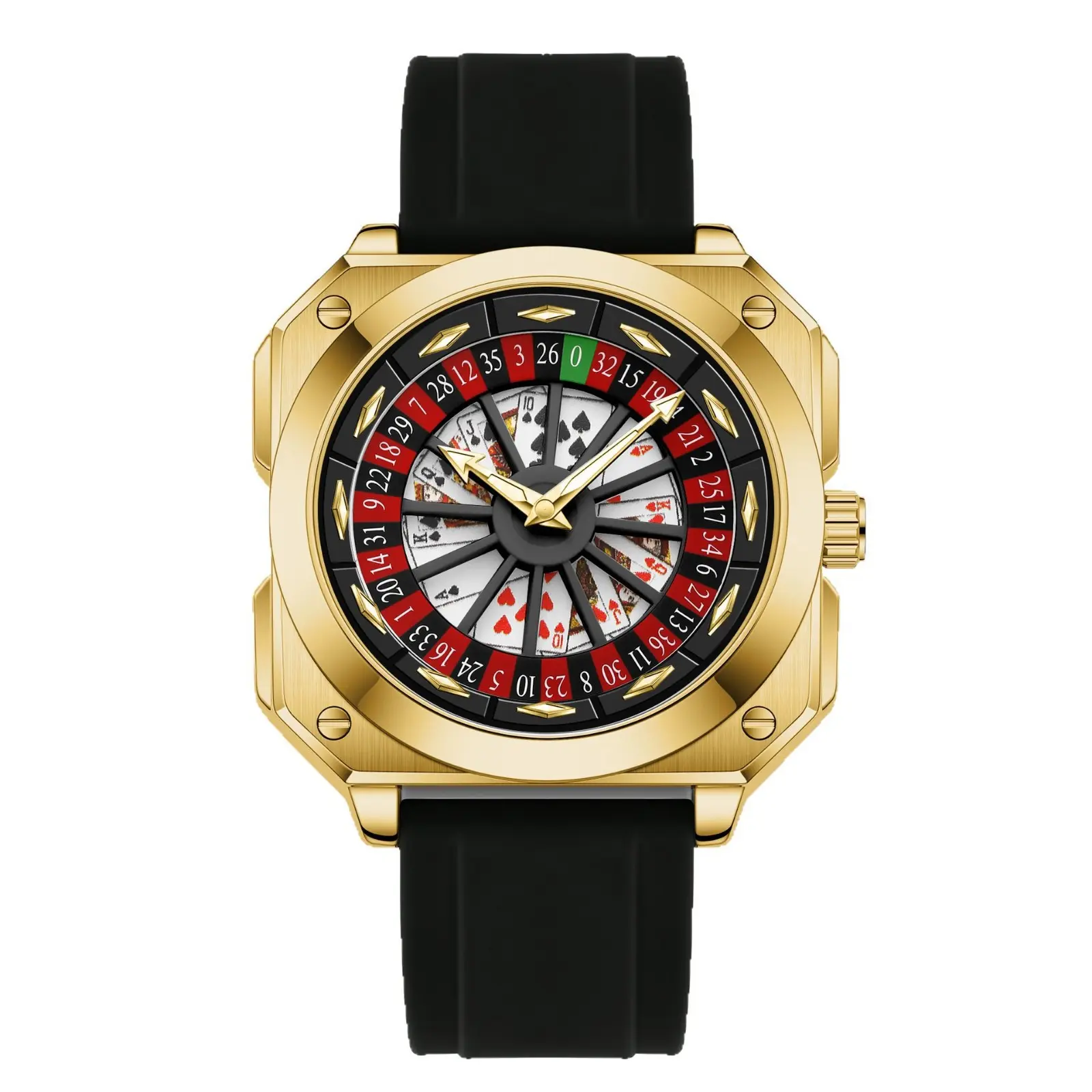 Men's Novelty Fashion Wristwatch with a Casino Roulette Card Dial | Casual Quartz Analog Watch with a Polished Octagonal Case and Black Silicone Band