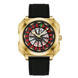 Unique Novelty Men’s Dress Watch, Polished Octagonal Metal Case, Classic Casino Roulette Number Bezel With Red/Green/Black Markings, Inner Playing Card Pattern Dial, Comfort Skin-Friendly Silicone Band, Precise Quartz Movement,