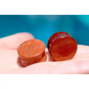 Non-Natural Crystal Double Flare Plug-Gauges - Polished Copper, Vibrant Fiery Gold Sandstone Glass, Earrings for Decorative Stretched Ears Jewelry Accessories