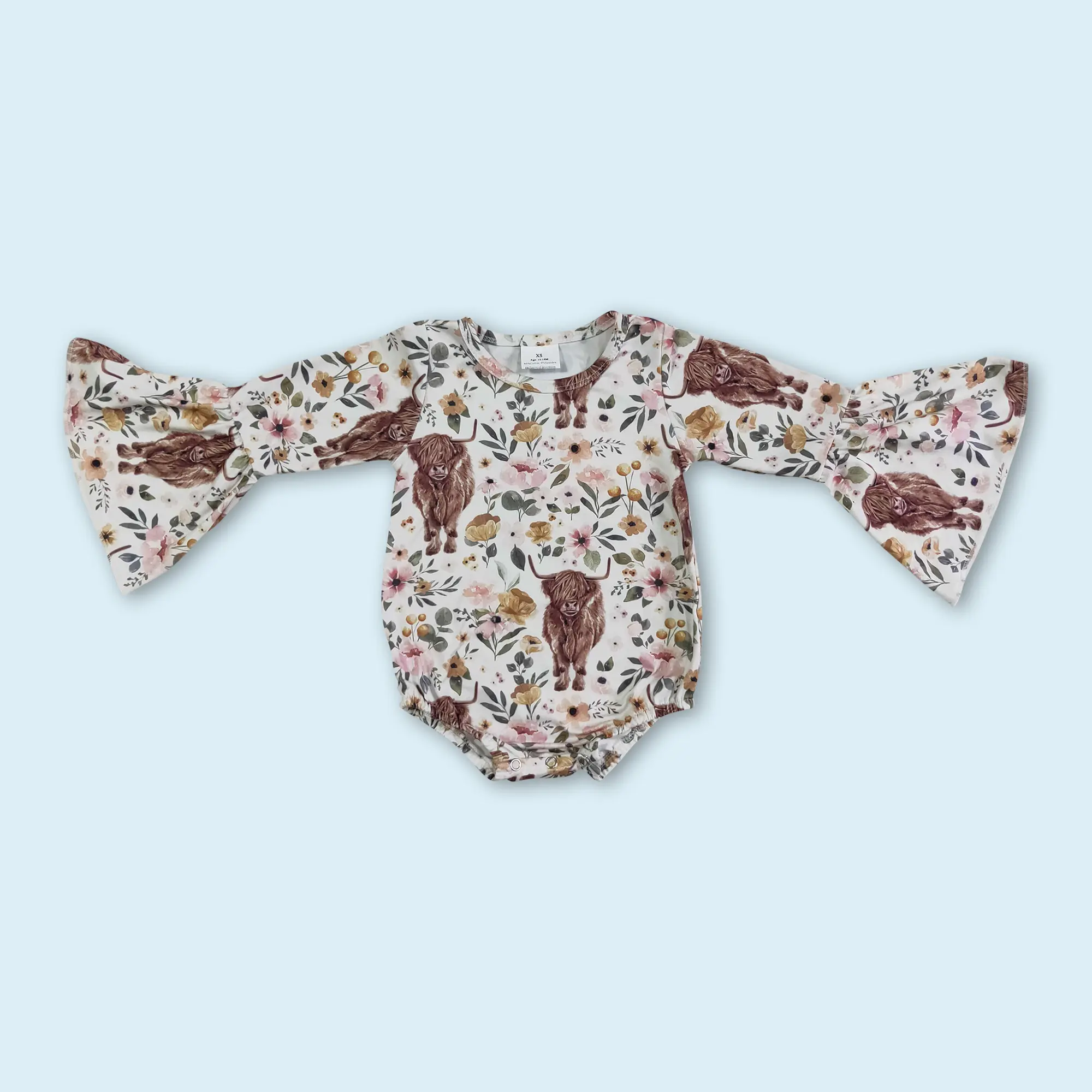 Highland cow long sleeve baby girls western romper