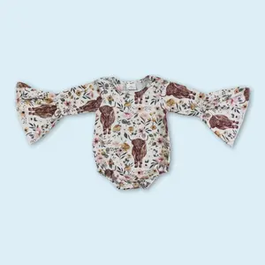 Highland cow long sleeve baby girls western romper