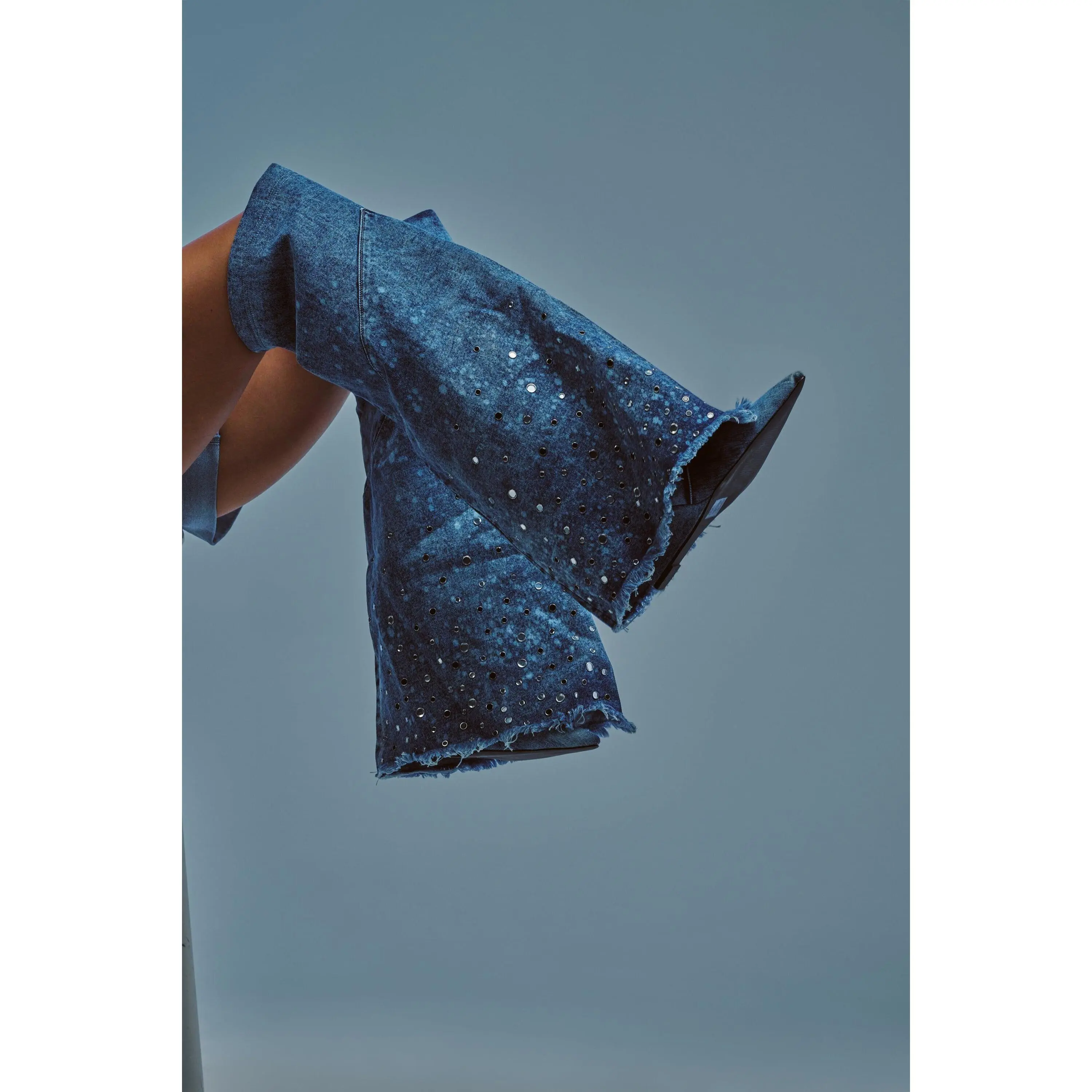 AKIRA WHYNOT DENIM RHINESTONE EMBELLISHED WEDGE BOOT