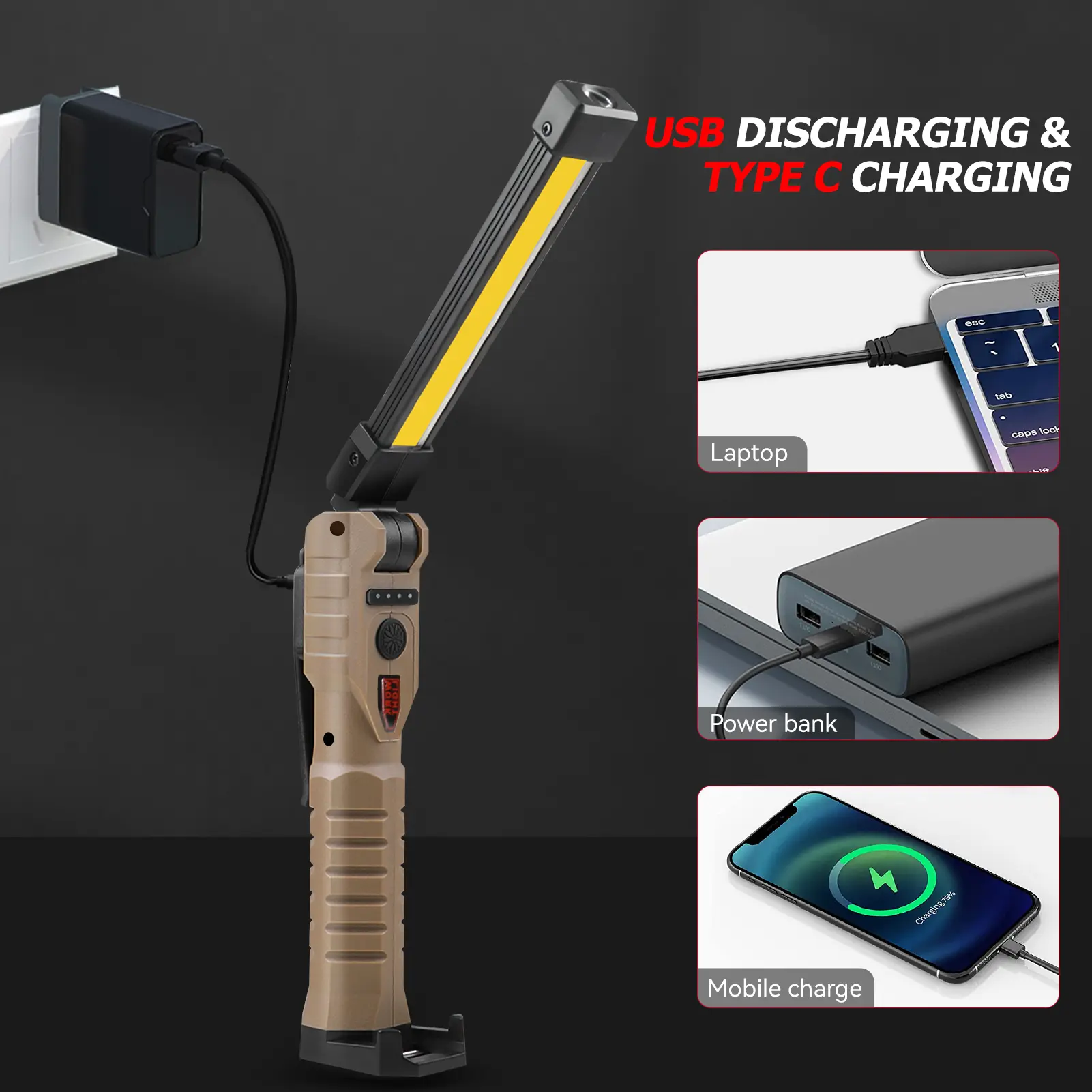 Yunmai FT20 Khaki Multifunctional COB Work Light - 1 Pack, Type-C Rechargeable, with Power Bank Function & Magnetic Hook (Home Improvement Portable Torch)