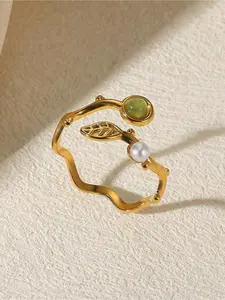 Vintage Cat Eye Stone Faux Pearl Leaf Adjustable Stainless Steel Ring for Women, Simple Design Elegant Daily Wear Jewelry Statement Rings