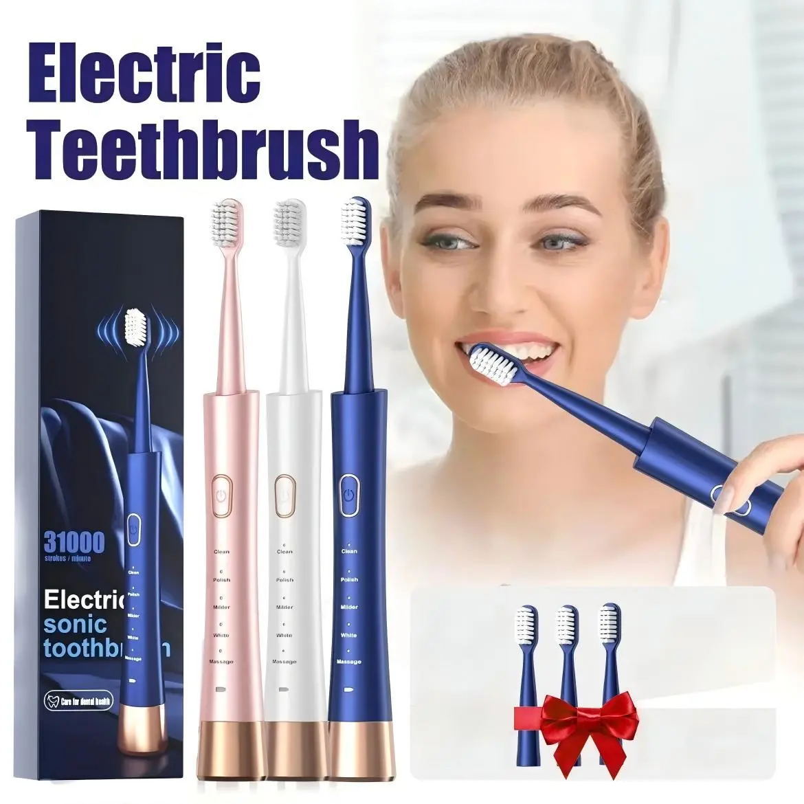 Rechargeable Deep Cleansing Electric Toothbrush - Personal Care Appliance with 3 Detachable Brush Heads, 5 Cleaning Settings, 2-Minute Timer, Personal Care Appliances