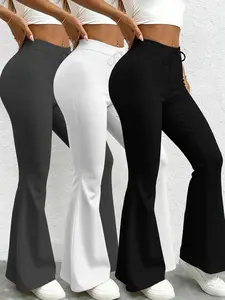 Three-Piece Milk Silk Yoga Pants Set, European Women's Wide Leg Classic Long Pants, Casual Fashion, Drawstring Waist, Spring & Fall