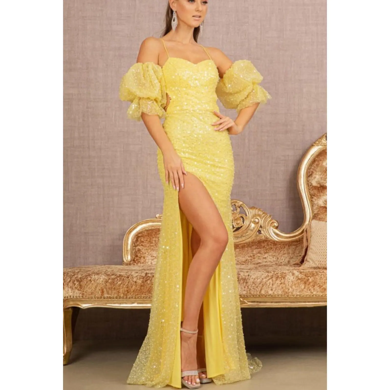 JEWELED SWEETHEART GOWN WITH DETACHABLE PUFF SLEEVES