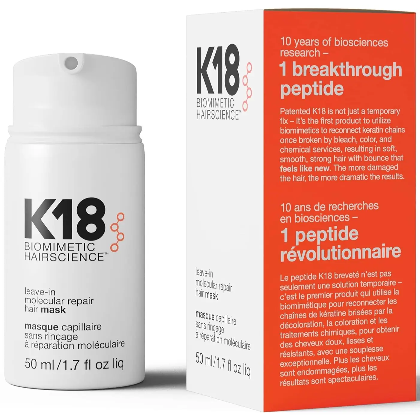 K18 Biomimetic HairScience K18 Leave-In Molecular Hair Mask 50ml Repairs Dry Damaged Hair Reverse Damage from Bleach Color Chemical Services Heat Conditioner Haircare