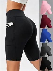 5pcs Women's High-Waist Stretchy Activewear Side Pocket Shorts - Breathable Compression Yoga Biker Shorts, Quick-Dry Workout Gym Running Baselayer