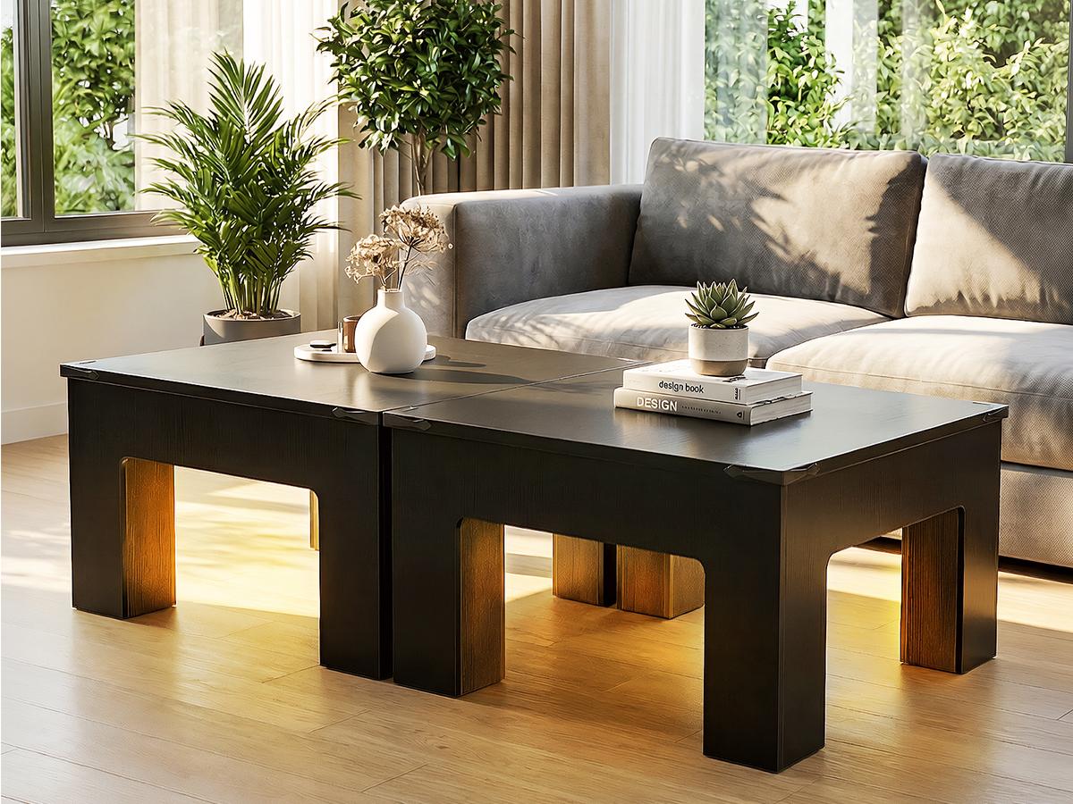 31.5" Square Coffee Table for Living Room, with Power Outlet and LED Lights, Modern Center Table with Sturdy Wooden Legs, Easy Assembly