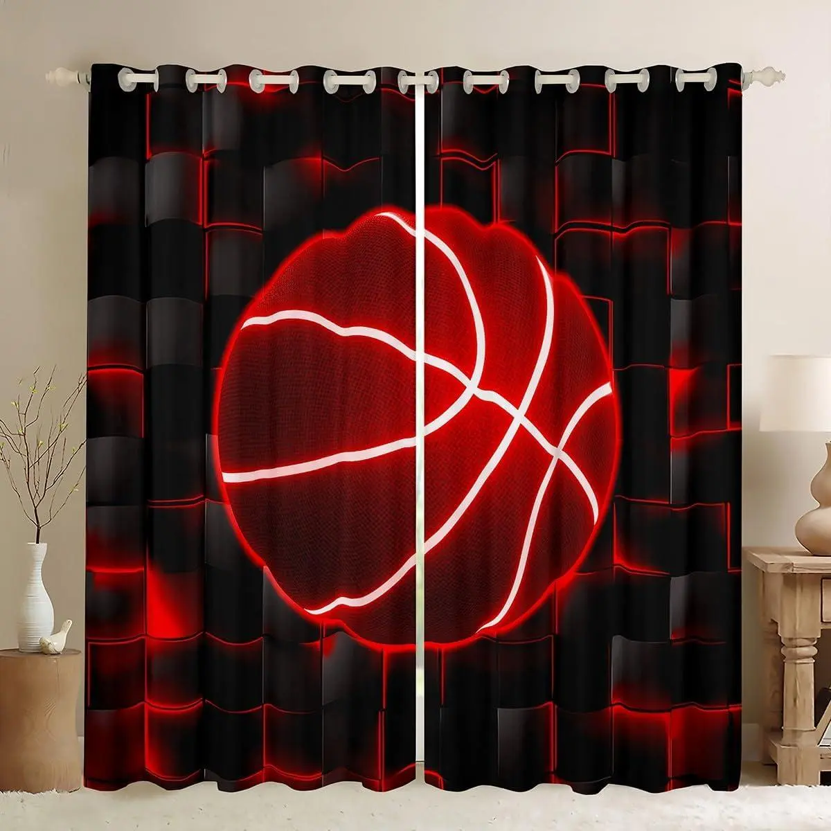 Basketball Curtains Bedroom Living Room Gaming Sports Blackout Curtains Red and Black Darkening Drapes Geometric Honeycomb Window Treatments