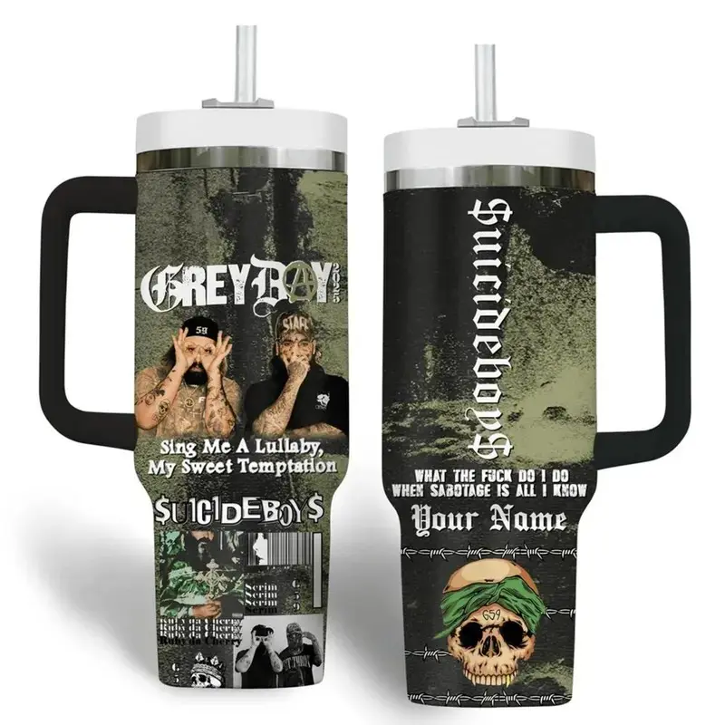 $uicideboy$ G59 Rap Metal Tumbler 40oz with Handle Stainless Steel Insulated Travel Mug Suicideboys Grey Day Tour Merch Gothic Music Fan Gift Travel Cup