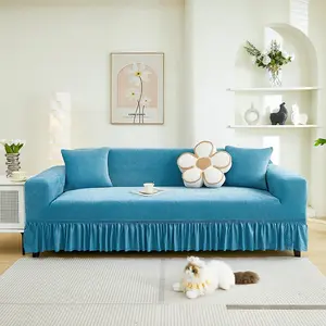Chenille Elastic Sofa Cover with Ruffle Edge, Stretch Sofa Cover, Dust-proof Sofa Protector, Pet-friendly, Washable Sofa Slipcover, Suitable for Straight-row Single/Double/Three-four Seat Sofa, Home Soft Furnishing